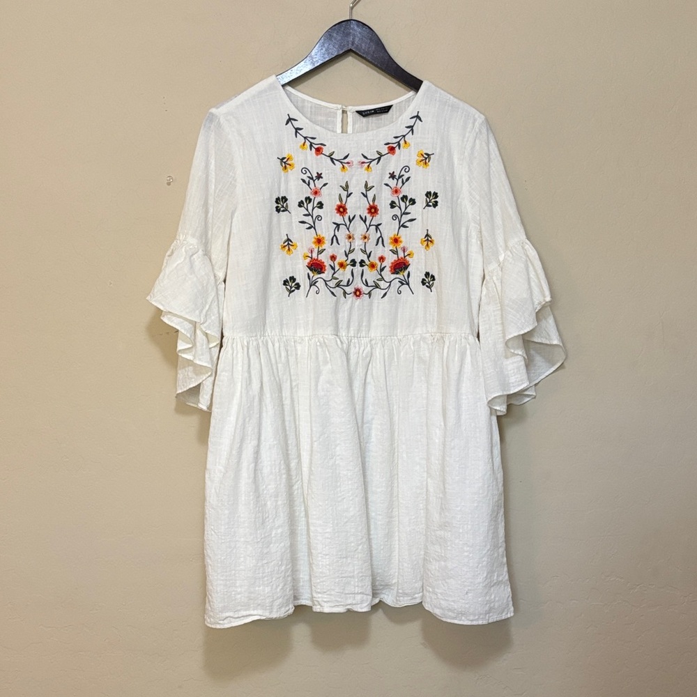 SHEIN Embroidered White Ruffle Sleeve Flowy Dress